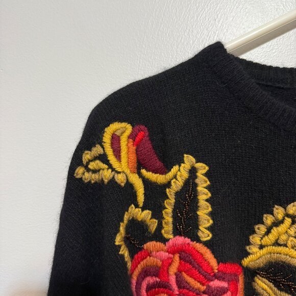 Eminent Womens Black Sweater With Red Yellow Floral Embroidery Wool Blend Medium - Picture 5 of 6